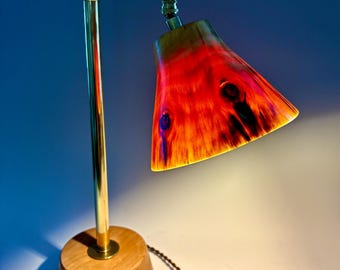 May include: A unique table lamp with a wooden base and a brass stem. The lampshade is a vibrant red and orange with dark accents. The lamp has a cord with an on/off switch. The lamp is approximately 12 inches tall.