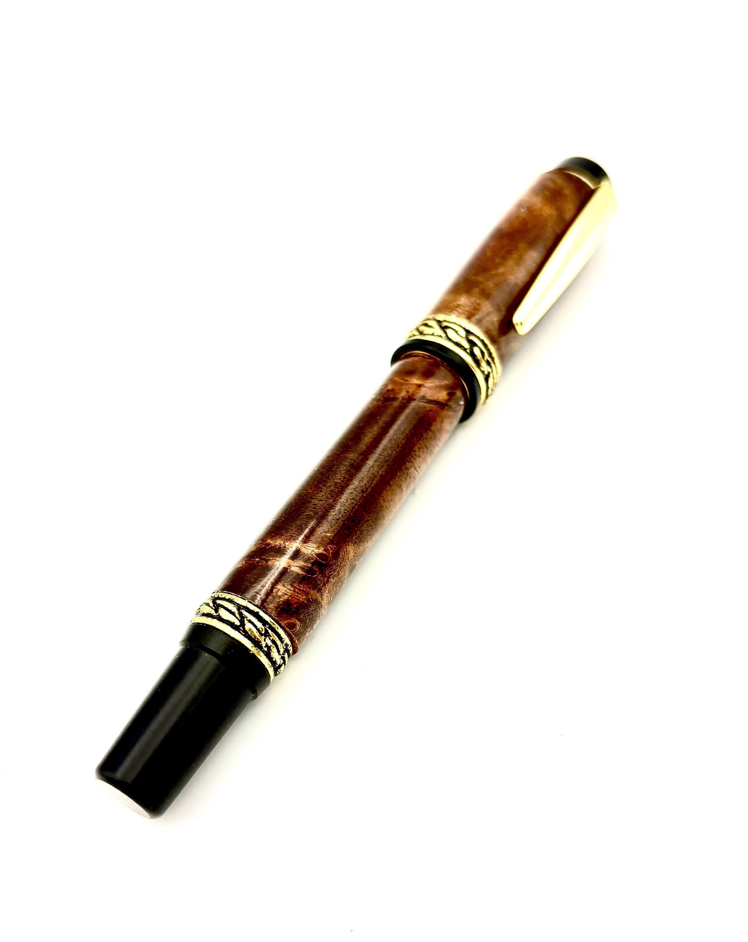 Burl Wood Rollerball Pen with Gold Tone Finish and Screw Cap - Unique Custom Design - Artisan Writing Instrument - Gift for Dads and Writers