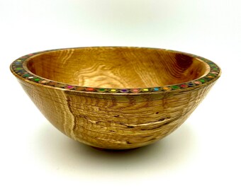 Oak Wood Bowl -  Color Pencil Rim - Display Kitchenware - Wood Art - Natural Wood Decor-Fifth Anniversary Gift- Salad Bowl- Wood Centerpiece