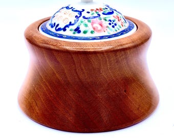 Cherry Wood Ring Box with Antique Porcelain Lid - Handmade Keepsake Jewelry Holder - Wood Turned Vessel