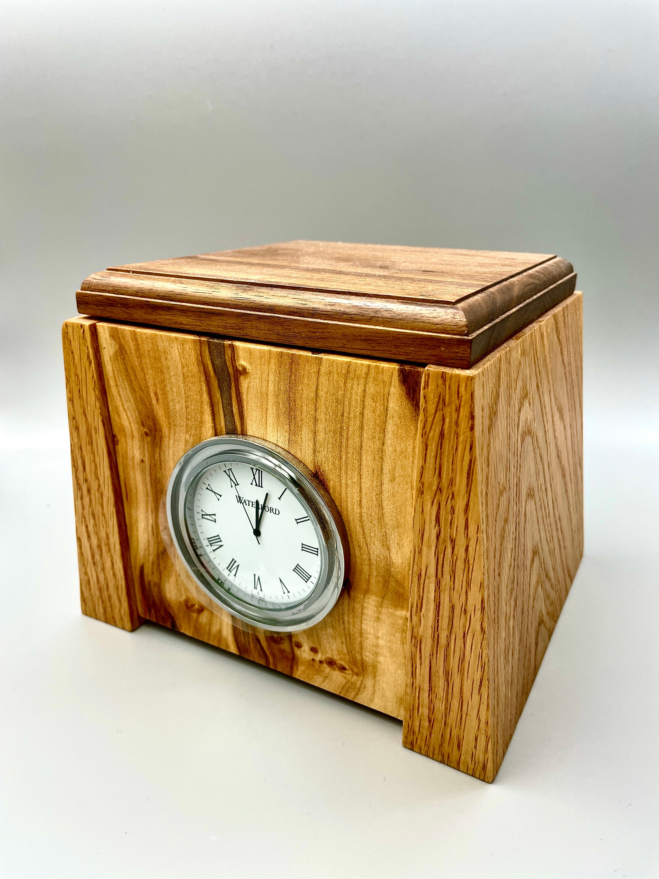 Handcrafted Wooden Cremation Urn with Waterford Clock: Ambrosia Maple, Oak & Walnut