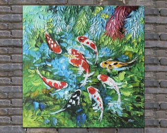 Koi Fish Oil Painting: Impasto Feng Shui Canvas Art