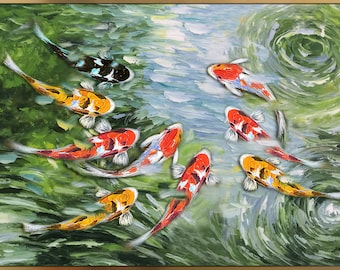 Koi Fish Oil Painting: Impasto Palette Knife Art, Framed Canvas (24x36)