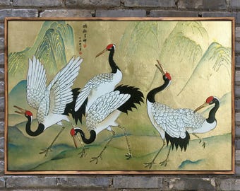 ヴィンテージ 掛け軸 絵画、鶴の絵画、鶴の巻物、掛け物、鳥の絵画