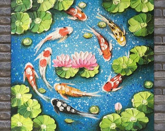 Koi Fish Oil Painting: Impasto Palette Knife Art, Feng Shui Decor