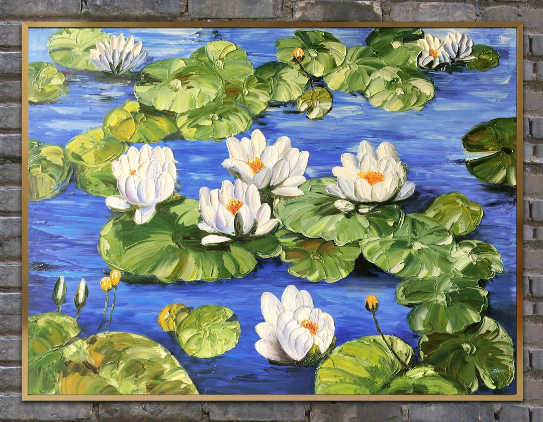 Framed Water Lily Oil Painting: Impasto Floral Art on Canvas - Etsy