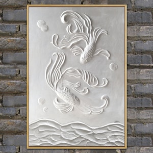 Peinture originale, peinture de poissons koi, peinture 3D texturée lourde, peinture abstraite moderne pour la décoration intérieure, peinture encadrée