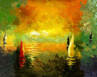 May include: Impressionistic oil painting depicting sailboats on water. The artwork uses a vibrant palette of green, yellow, orange, and red. The sailboats have red, white, and yellow sails. The painting has a textured, impressionistic style.
