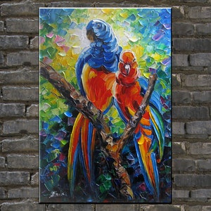 Palette Knife Parrots Oil Painting: Textured Bird Art, 24x36