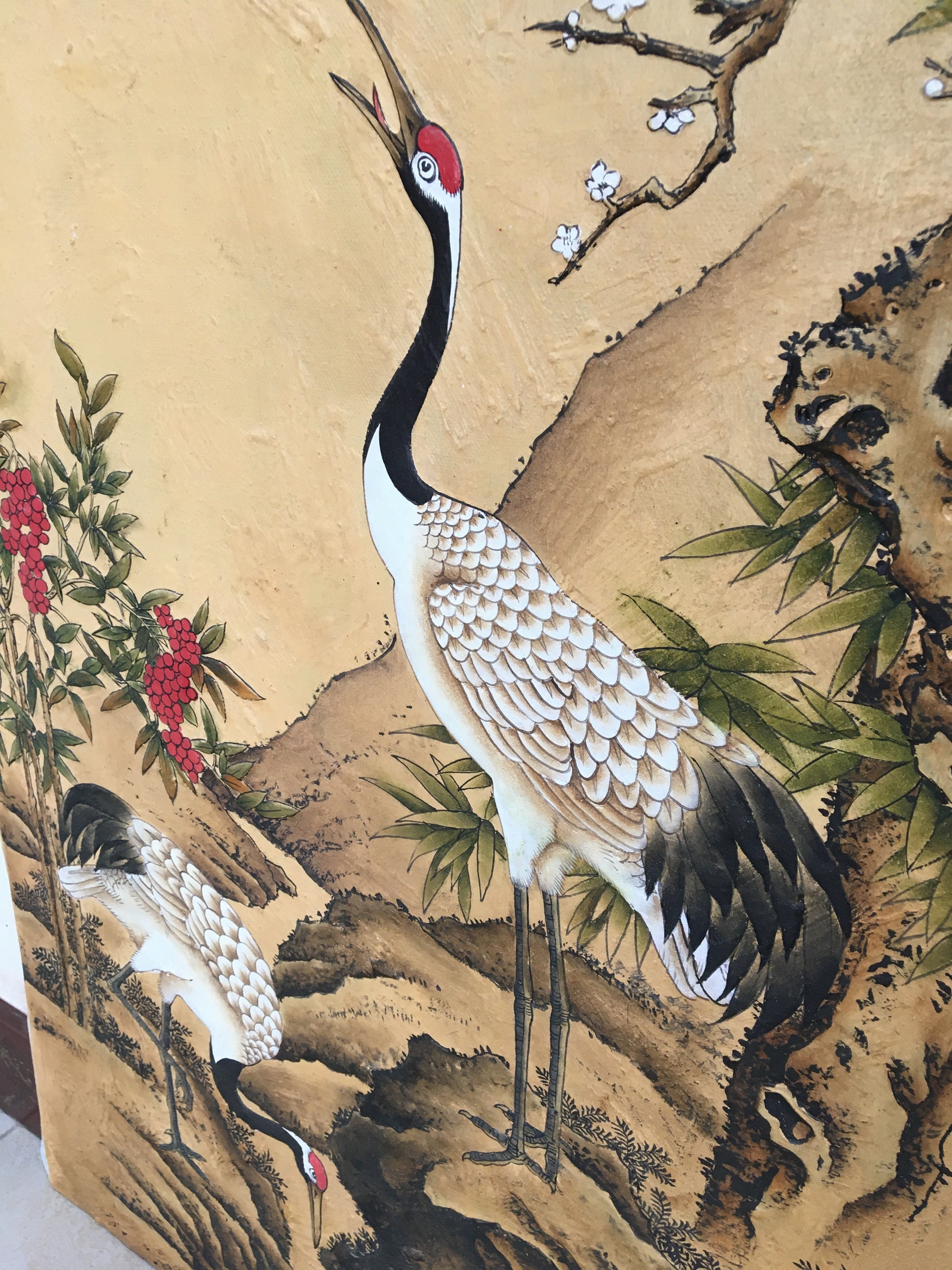 質感のある鶴の絵画：オリジナルの中国漆芸、額入り - Etsy 日本