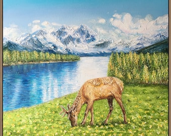 Impasto Oil Painting: Deer in Mountain Landscape, Framed Canvas Art