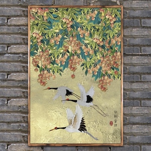 Gold Leaf Cranes Painting: Chinese Lacquer Art, Framed Oil on Canvas