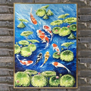 Koi Fish Oil Painting: Impasto Lotus, Feng Shui Home Decor, Framed Canvas (24x32 in)