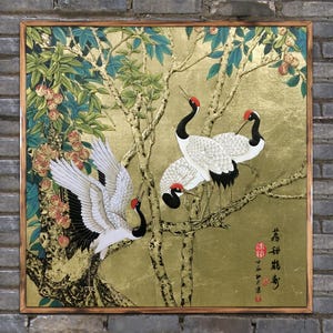 Gold Leaf Cranes Oil Painting: Chinese Lacquer Litchi Art, Framed