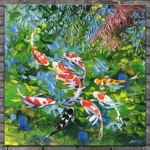 Koi Fish Oil Painting: Impasto Feng Shui Canvas Art