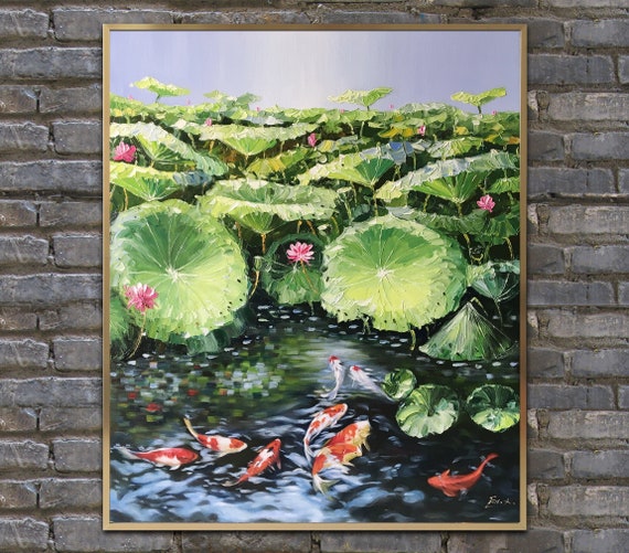鯉の油絵：睡蓮、インパスト、額入り、すぐに飾れる - Etsy 日本
