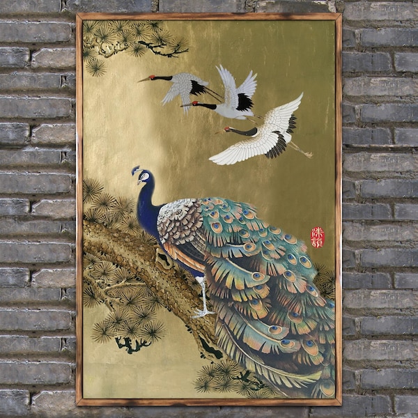 Pintura al óleo de pavo real y grulla con pan de oro: arte fengshui texturizado, enmarcado