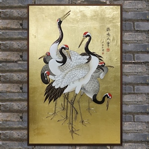 Framed Gold Leaf Cranes Oil Painting: Fengshui Home Decor (60x90cm)