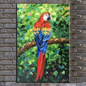 Textured Parrot Oil Painting: Impasto Palette Knife Bird Art