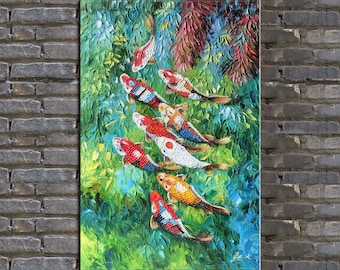 Impasto Koi Fish Oil Painting: Heavy Texture Palette Knife Art