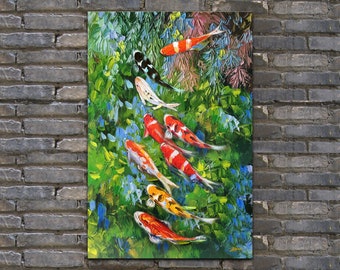 Koi Fish Oil Painting: Impasto Palette Knife Art, 24x36 Canvas
