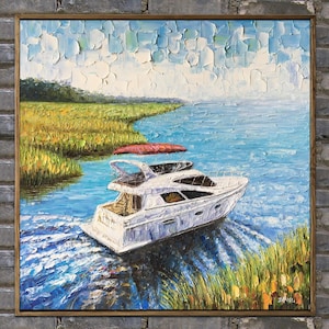 Framed Boat Oil Painting: Palette Knife Impasto Landscape (30x30 inches)