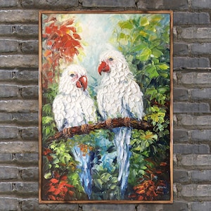 Framed Parrot Oil Painting: Heavy Texture Palette Knife Art (22x32 in)