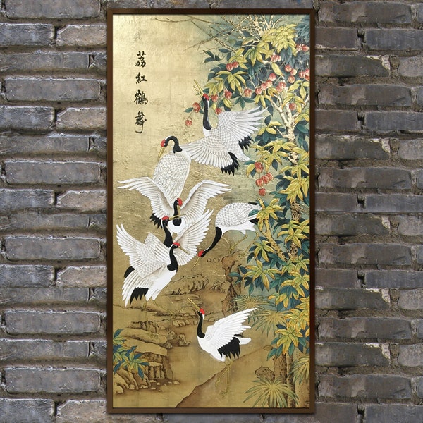 Peinture à l'huile, peinture d'oiseaux, peinture de grues, peinture de fruits Litchi, peinture de laque chinoise, texturée, encadrée