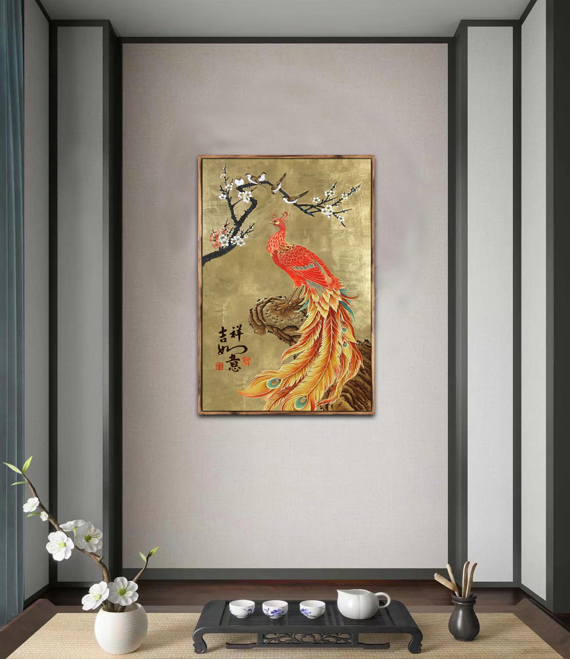 Gold Leaf Phoenix Oil Painting: Framed Textured Birds Flowers Art