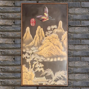Framed Chinese Lacquer Painting: Crane & Landscape, Textured Art