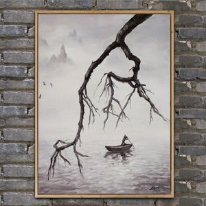 Framed Boat Scenery Oil Painting: Original Landscape Art (24x32 inches)