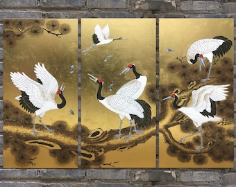 Gold Leaf Crane Triptych Oil Painting : Textured Lacquer Art,Stretched canvas Fengshui Painting