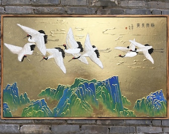 ヴィンテージ 掛け軸 絵画、鶴の絵画、鶴の巻物、掛け物、鳥の絵画