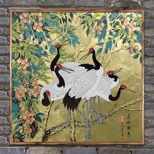 Gold Leaf Cranes Oil Painting: Chinese Lacquer Fengshui Art