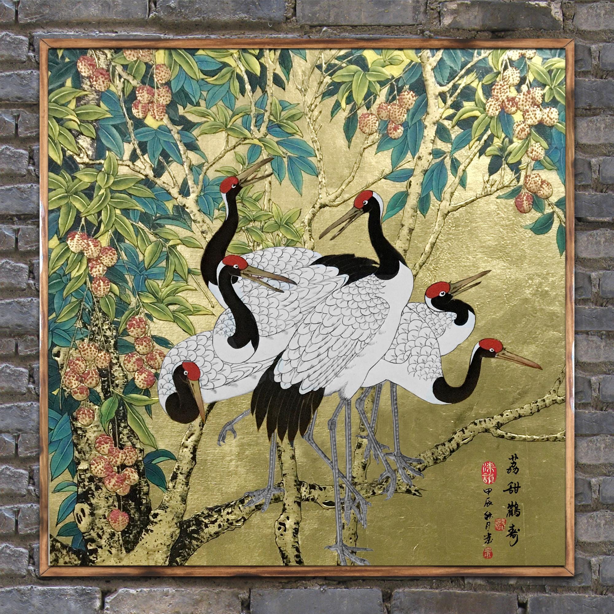 Gold Leaf Cranes Oil Painting: Chinese Lacquer Fengshui Art