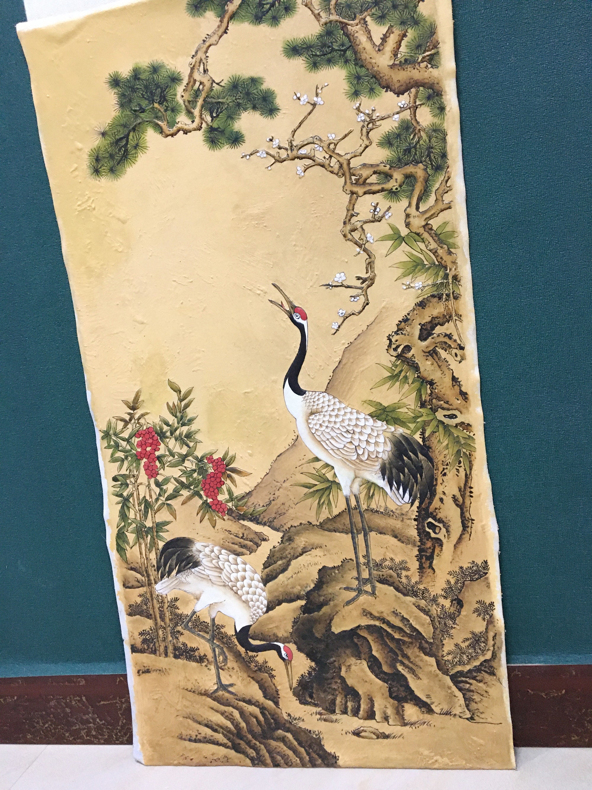 質感のある鶴の絵画：オリジナルの中国漆芸、額入り - Etsy 日本