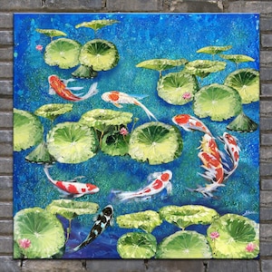 Koi Fish Oil Painting: Impasto Lotus Pond, Feng Shui Decor