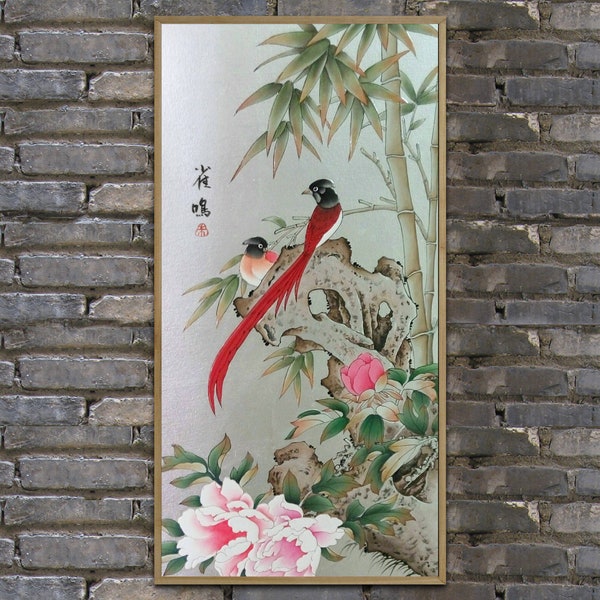 Olieverf, vogels schilderen, bamboe schilderen, bloemen schilderen, Chinese lak schilderen, ingelijst