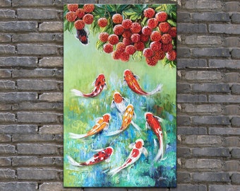 Impasto Koi Fish Oil Painting: Feng Shui Litchi Art on Canvas