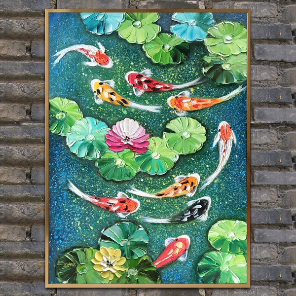 Original Oil painting,9 koi fish painting,palette knife painitng,impasto oil on canvas,modern abstract painting for home decor,Framed