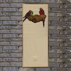 Framed Parrot Painting: Textured Chinese Lacquer Oil Art