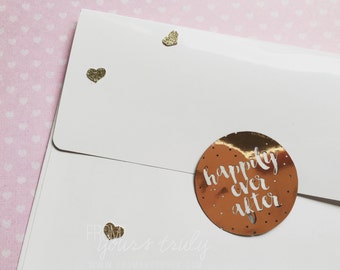 Gold or Rose Gold Wedding / Engagement Foiled Clear Text Round Stickers: happily ever after (pk 20)