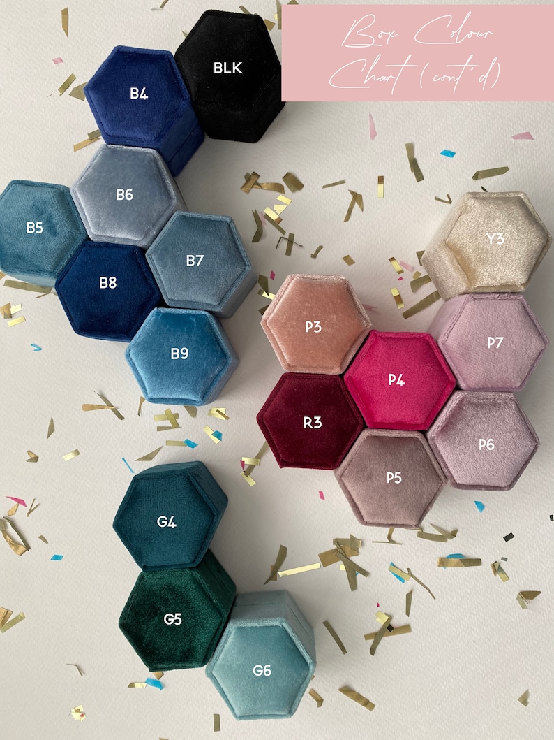 May include: A color chart of hexagonal velvet ring boxes in various shades of blue, green, pink, and beige. The boxes are labeled with color codes like B4, G4, and P3. The text "Box Colour Chart (cont'd)" is in the upper right corner. Gold confetti is scattered around the boxes.