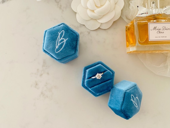 Custom Monogram Velvet Hexagon Double Ring Slot, Engagement, Wedding Ring Box