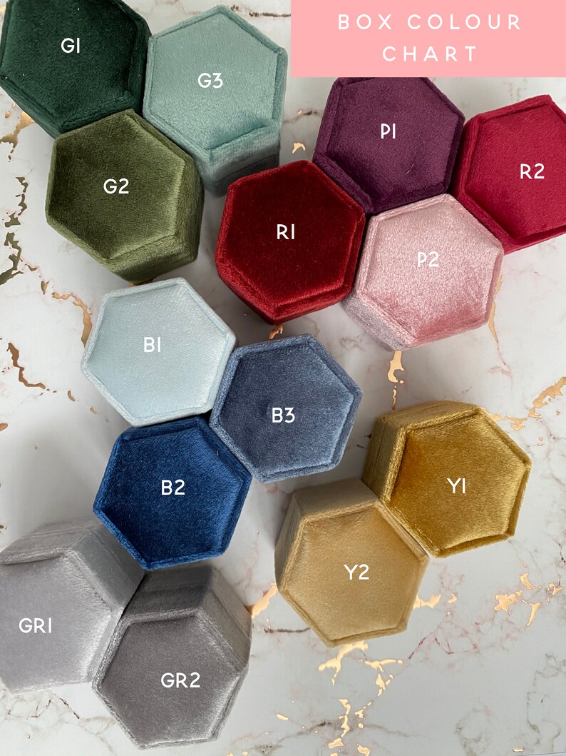 May include: A color chart of hexagonal velvet ring boxes in various colors, including green, blue, red, purple, and gold. The boxes are labeled with color codes such as G1, G2, B2, and Y2. The text "BOX COLOUR CHART" is displayed at the top.
