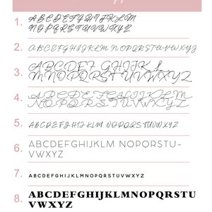 May include: A white background displays nine different font styles, each with the alphabet in uppercase and lowercase. The text "Font types" is at the top in a cursive font. The fonts vary in style, from elegant script to bold sans-serif.