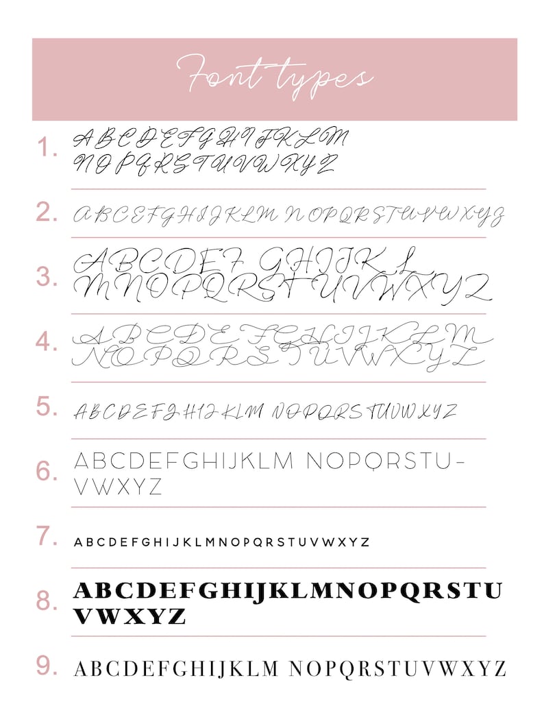 May include: A white background displays nine different font styles, each with the alphabet in uppercase and lowercase. The text "Font types" is at the top in a cursive font. The fonts vary in style, from elegant script to bold sans-serif.