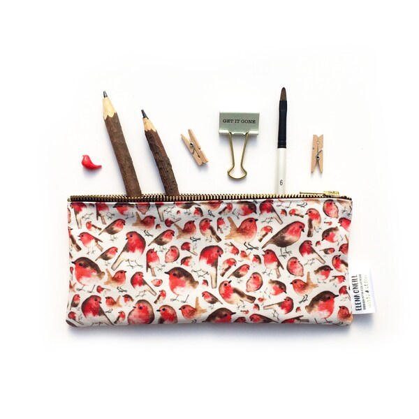 Watercolor Robin Pencil Case: Handmade Canvas Zipper Pouch