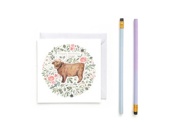 Highland Cow Floral Birthday Greeting Card