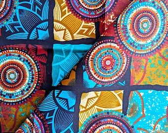 Tissu africain imprimé bleu-marron 2 mètres | Tissu Ankara à motif floral | 100 % coton